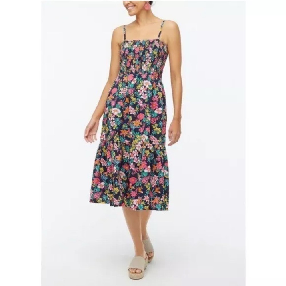 JCrew Womens Blue Pink Floral Print Smocked Tiered Midi
Dress Size XL